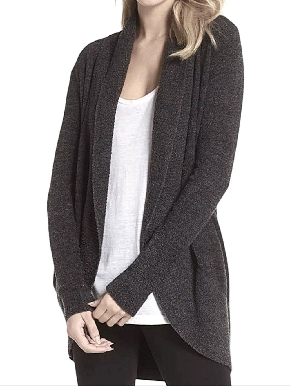 Barefoot Dreams Cozy Chic Lite XS S Gray Charcoal Shawl-Collar Open Cardigan
